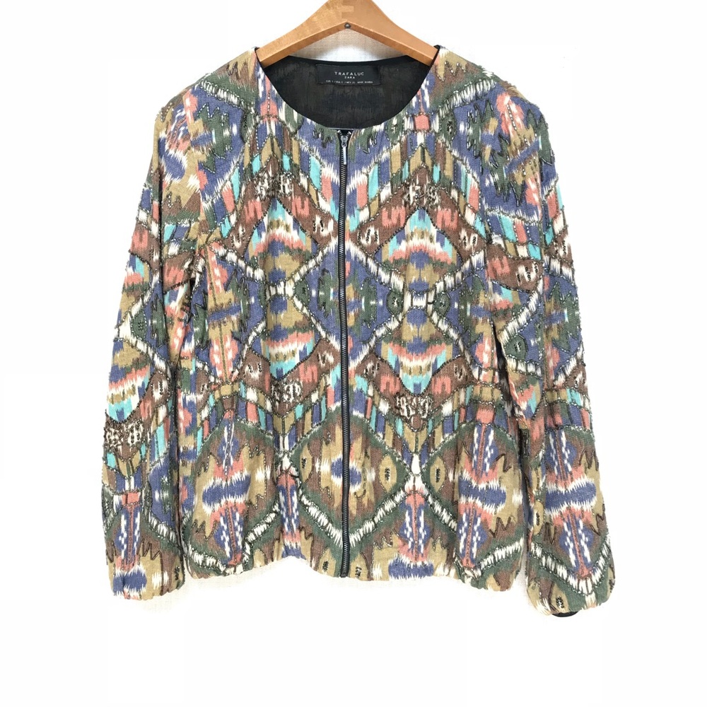 Zara Trafaluc Beaded Ikat Print Jacket Small